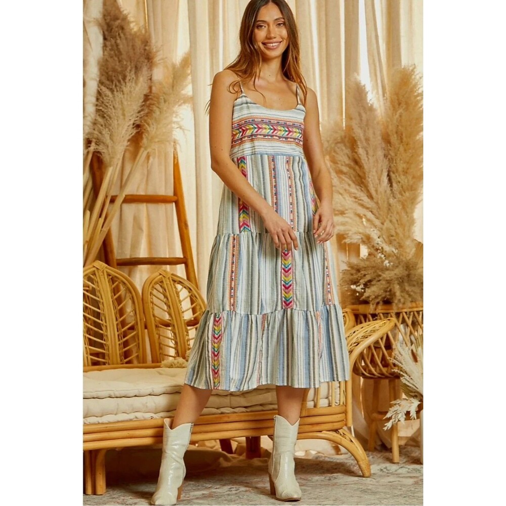 Savanna Jane Embroidered colorful Stripe Dress Womens LARGE Boho sundress